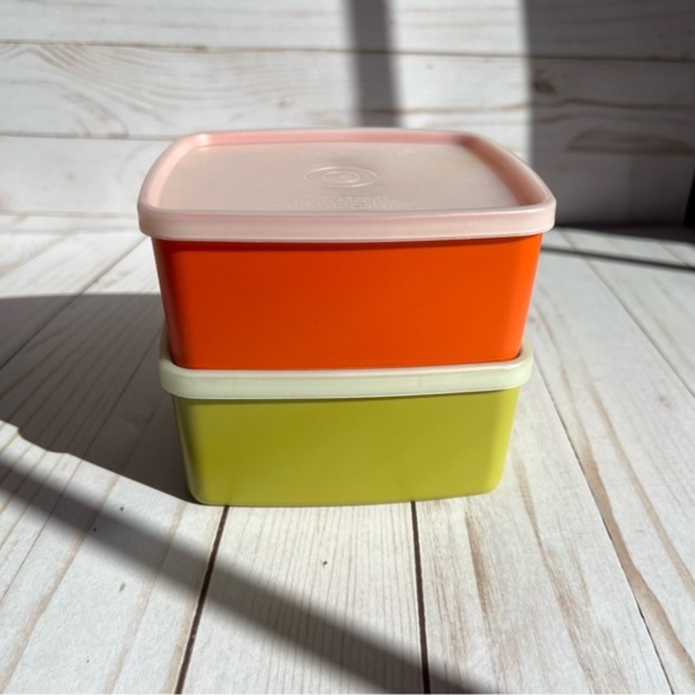 Vintage Tupperware Square Round Set in‎ Avocado Green & Burnt Orange with Lids
